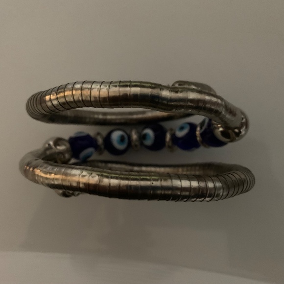 Silver Coil Evil Eye Bracelet/Choker – Blue Glass Beads, Wrap Style, Adjustable - Picture 3 of 9
